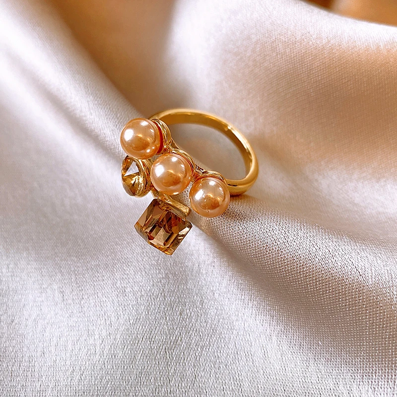 2024 neue Champagner Quadrat Kristall Imitation Perle Metall Offene Ringe Hochzeit Party Mode Schmuck Luxus Zubehör für Frauen – Detail 7