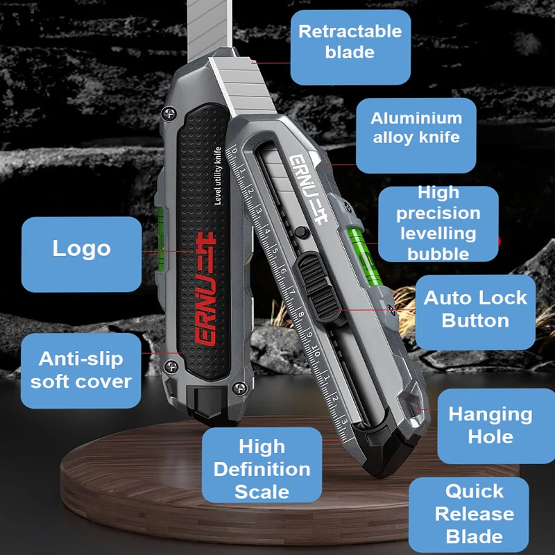 Multipurpose Utility Knife Heavy Duty Metal Box Cutter 18MM SK5 Blade Safety Lock Design for Measuring Cutting Carton Cardboard