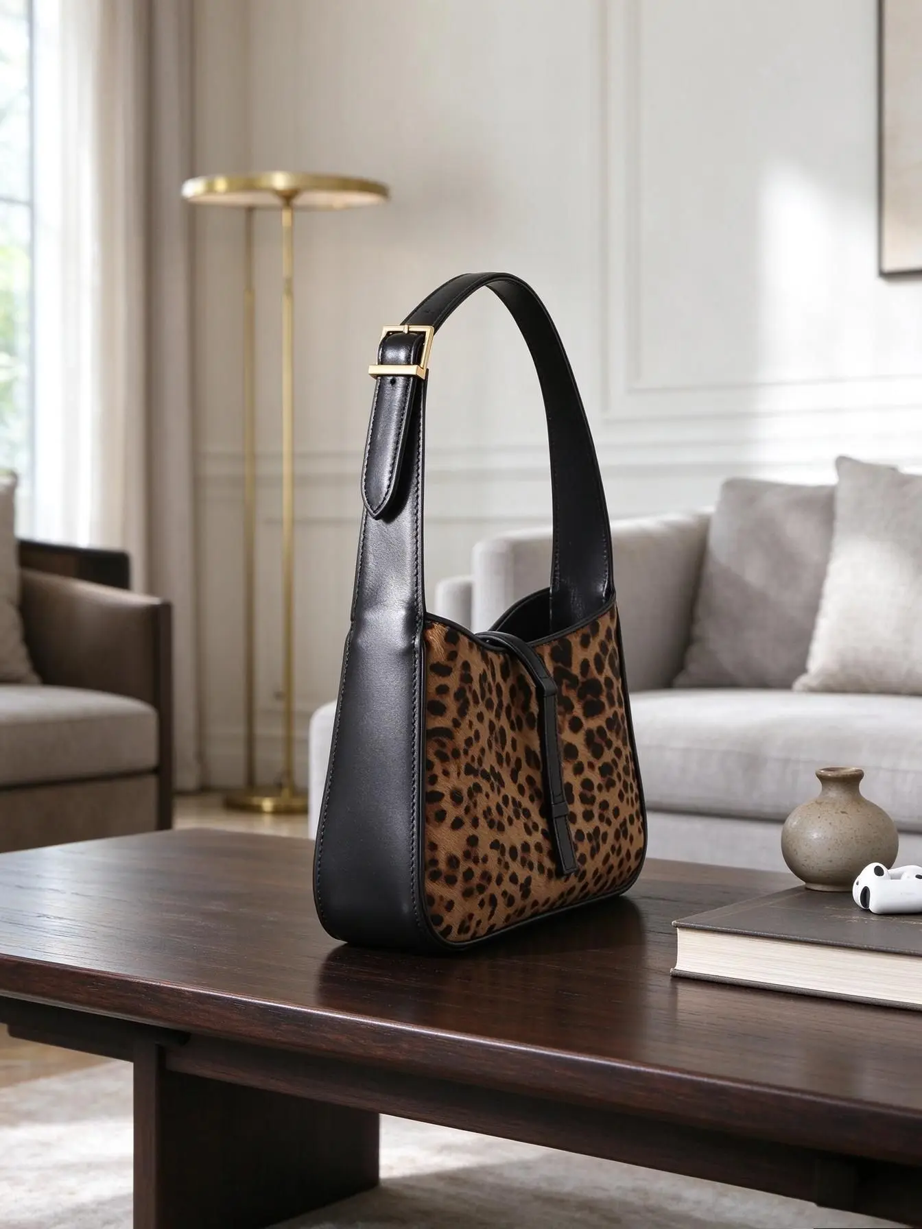 Unisex Leopard Print Faux Pony Hair Hobo Underarm Shoulder Bag Faux Leather Trim Adjustable Thin Strap Casual Daily Handbag