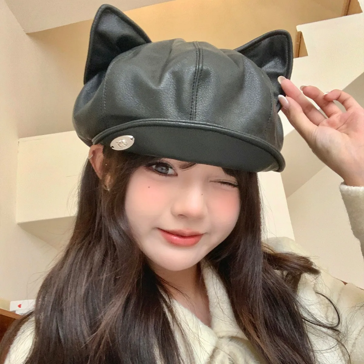 Cute Cartoon Cat's Ears Steamed cat-ear Shaped Bread Pu Leather Beret Child Small Art Show Face Small Cloud Painter Hat 4m789