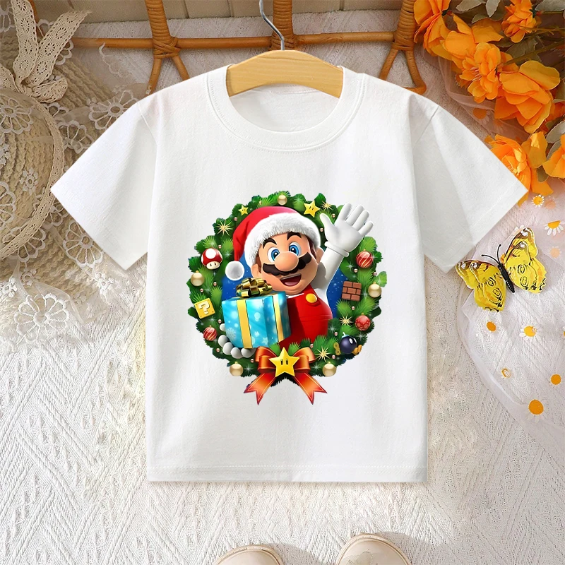 Camiseta de Super Mario de manga corta para niños y niñas, ropa de Navidad con bonitos dibujos, camisas estampadas a la moda para niños, regalos de fiesta de Navidad para niños