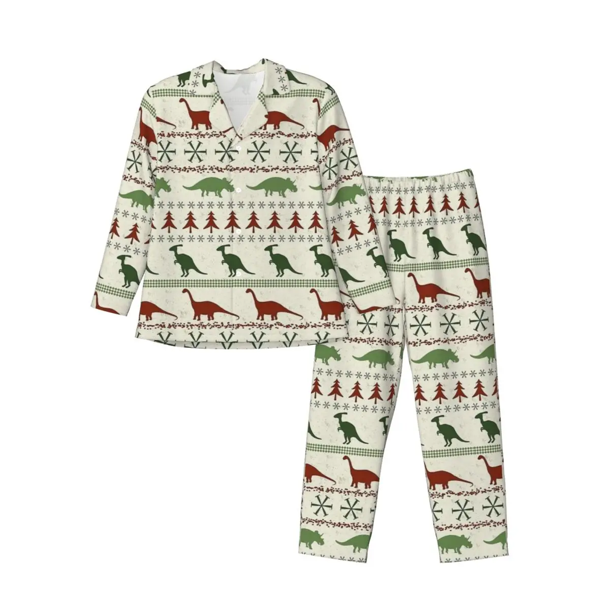 Pijamas masculinos con diseño navideño de dinosaurio, ropa de dormir diaria, conjuntos de pijamas Retro de dos piezas, traje para casa de gran tamaño a la moda de manga larga