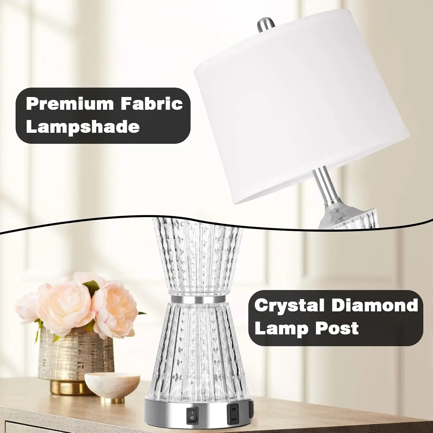 26' Modern Table Lamps Set of 2 with USB & AC Outlet, LED Bulbs Included, White Shade for Bedroom Living Room Decor