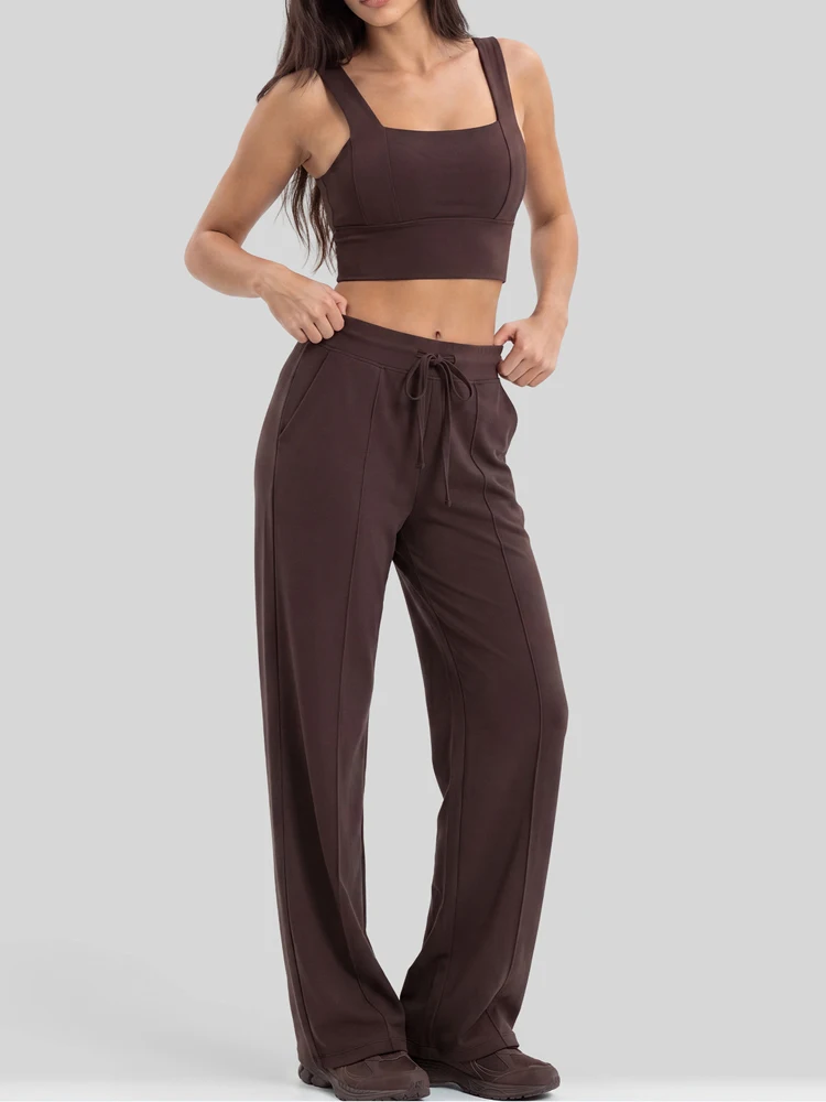 VITALINOVO Women 2 Piece Workout Sets Longline Padded Sports Bra Yoga Gym Matching High Waisted Wide Leg Sweatpants with Pockets