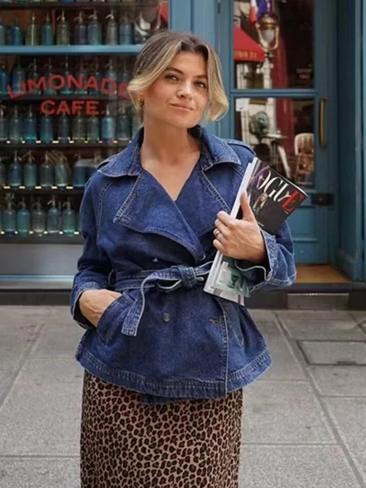 

Willshela Women Fashion With Belt Denim Solid Double Breasted Jackets Vintage Lapel Neck Long Sleeves Female Chic Lady Outfits