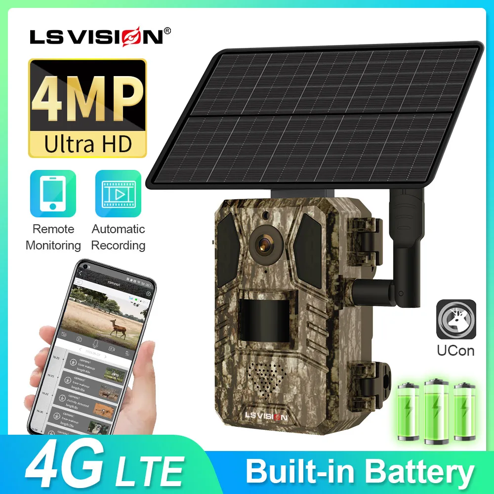 LS VISION Solar Trail Camera 14MP 2K Built-in 7800mAh Lithium Battery Rechargeable Night Vision Motion Activated wildkamera 4MP