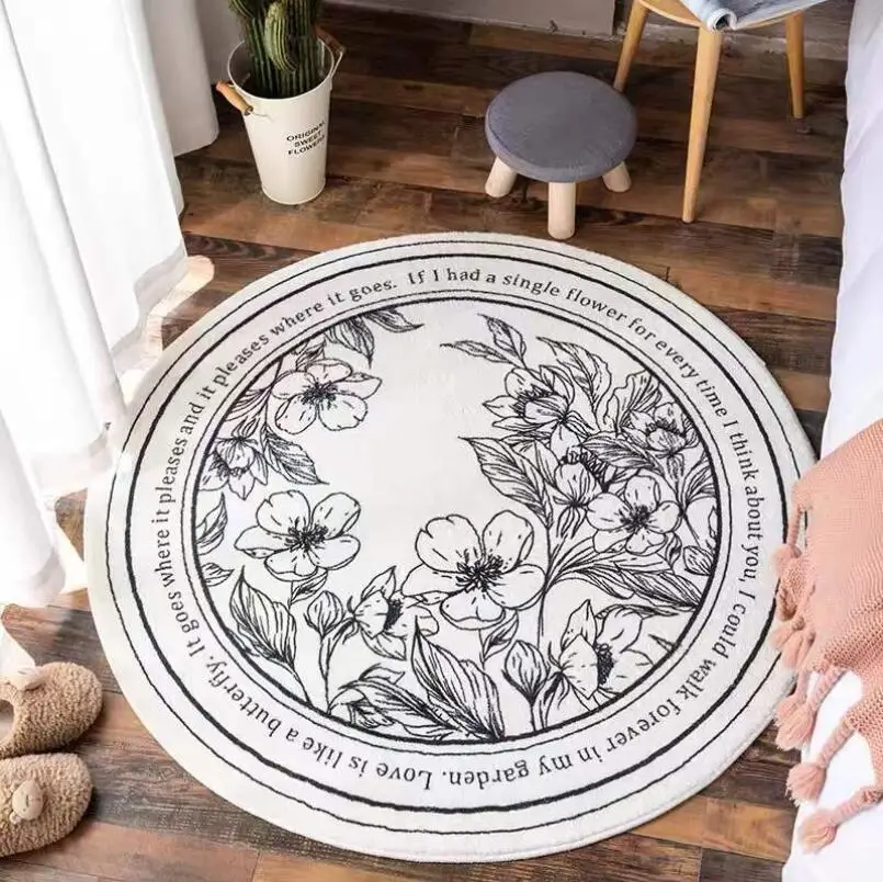 Fleece Nordic Floral Round Carpet for Living Room Floor Carpets Bedroom Bedside Mats Absorbent Area Rug Balcony Home Decor Rug