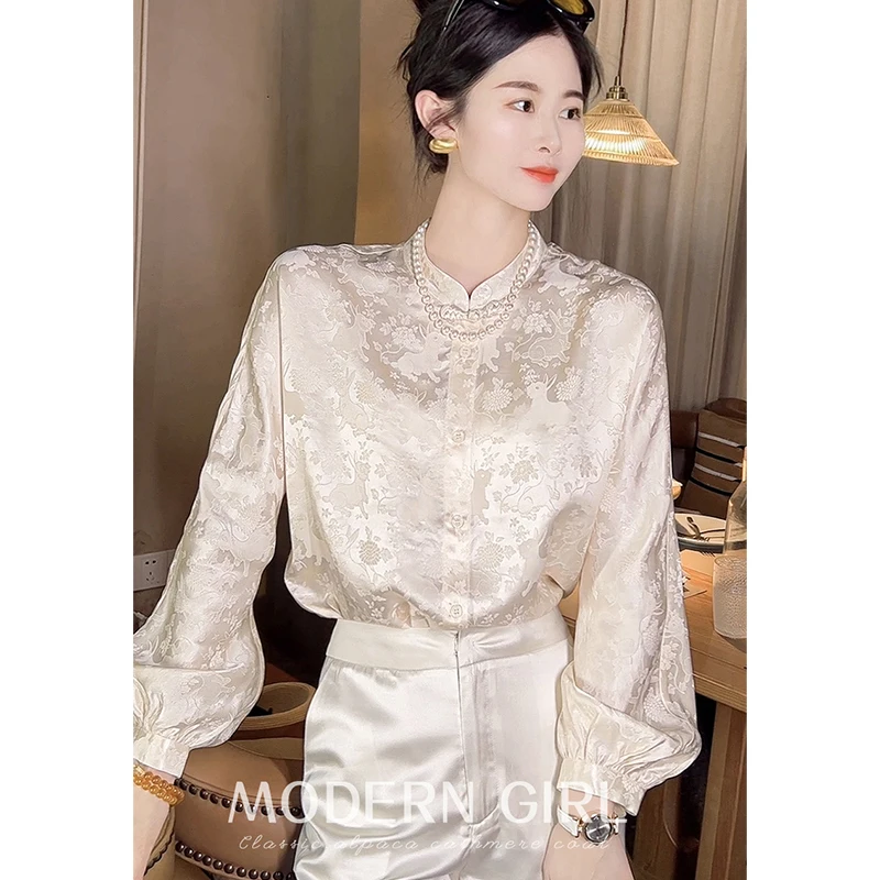 Women Autumn chinese style elegant printing Solid color silk O-neck Long sleeve Shirts Ladies Casual temperament All-match tops