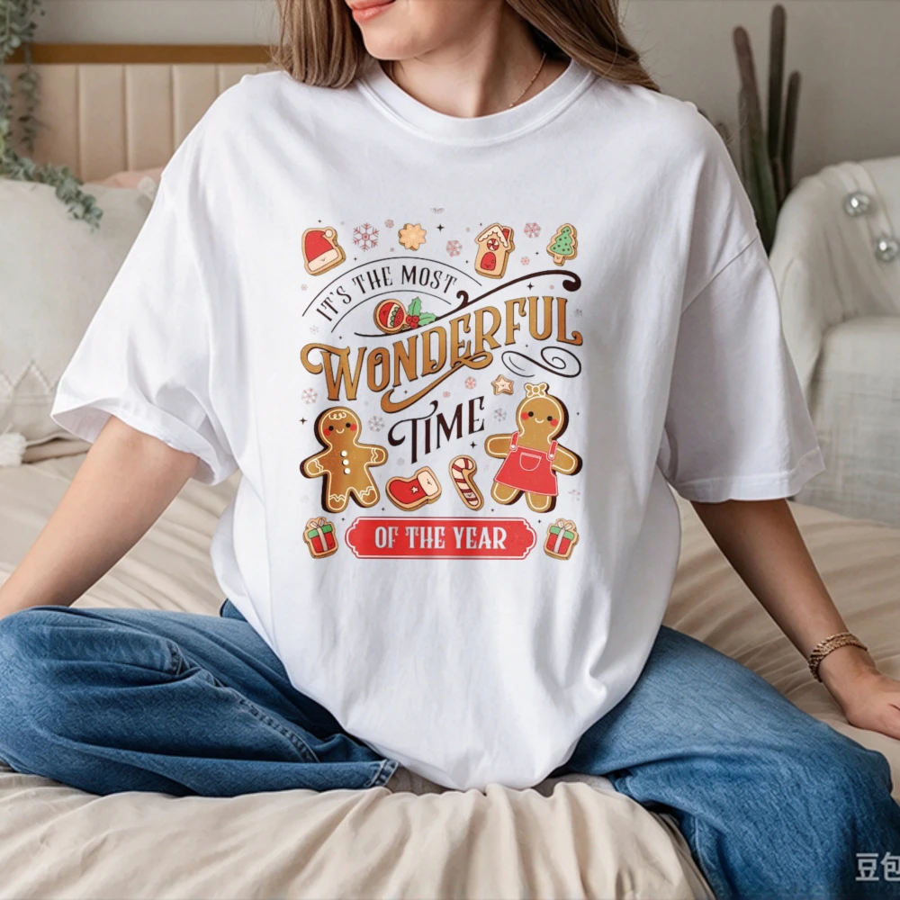 It's The Most Wonderful Time of The Year Gingerbread Couple Cookie Graphic T Shirt Retro Xmas Candy Cane Santa Hat Cotton Tees