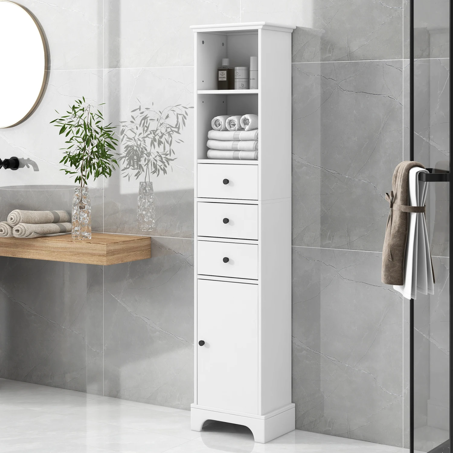 

"White Tall Bathroom Cabinet, Freestanding Storage with Drawers & Adjustable Shelf"