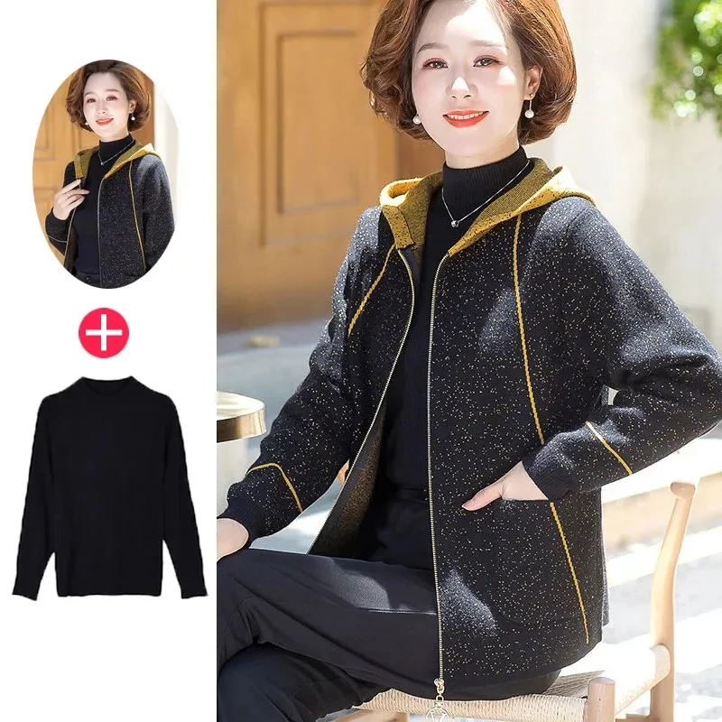 Middle Aged Mother Large Size 4XL knit Cardigan Women Fashion Loose Windbreaker Coat Autumn Winter Ladies Hooded Trench Jacket