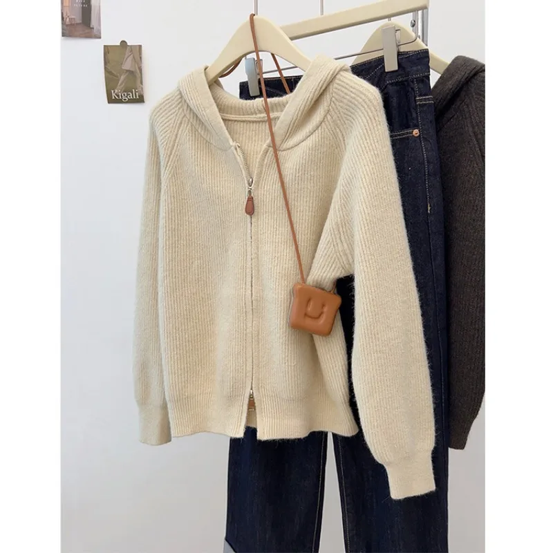 

Новый простой и повседневный свитер с двойной молнией для женщин, вязаный кардиган с длинными рукавами и капюшоном для женщин, универсальное пальто для женщин