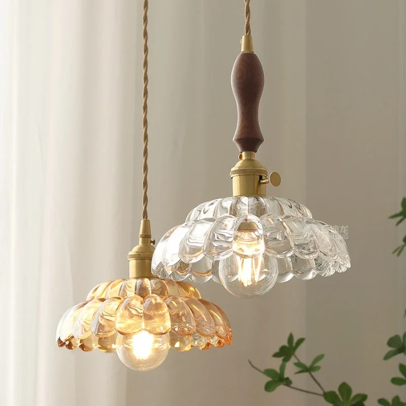

Hanglamp Wooden Handle Copper Pendant Light Fixtures Glass Lampshade Home Decor Indoor Lighting Vintage Hanging Lamp