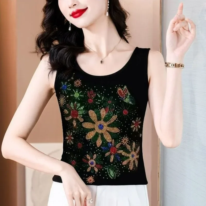 Summer New Slim-fitting Thin Fashion Round Neck Sleeveless Colorful Hot Diamond Black Tank Thin Age-reducing Vest