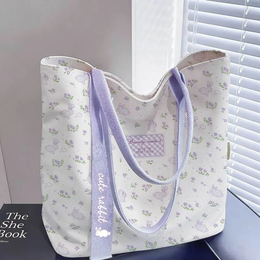 

Милая холщовая сумка с кроликом, цветочным принтом, большая вместительная сумка через плечо, универсальная сумка-тоут с мультяшным дизайном для студентов