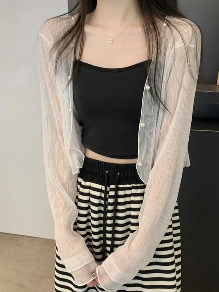 

Sun Protection Lace Ice Silk Open Cardigan Women's Thin Summer Shoulder Baring Outerwear Air Conditioning Shirt See through Top