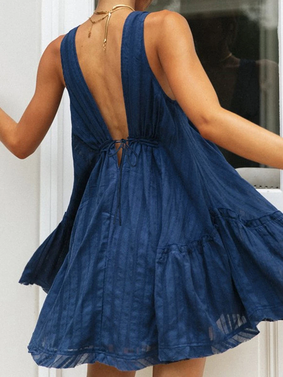 New Women Summer Casual A-Line Dress Solid Color Deep V-Neck Tie-Up Mini Dress Fashion Backless Tank Dress Hot Sale