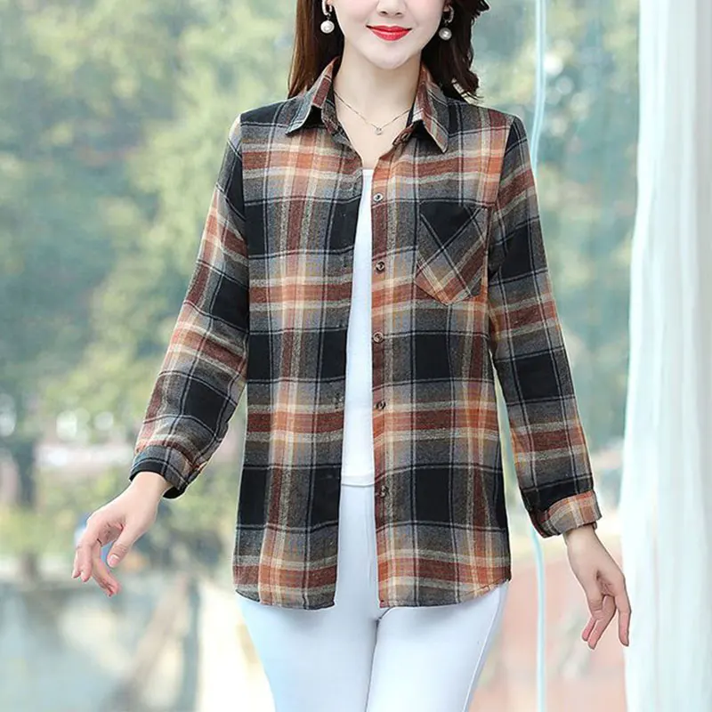 Women\'s Korean Simplicity Plaid Turn-Down Collar Long Sleeve Shirts, Casual Loose Top, Spring Fashion Clothes, New Style