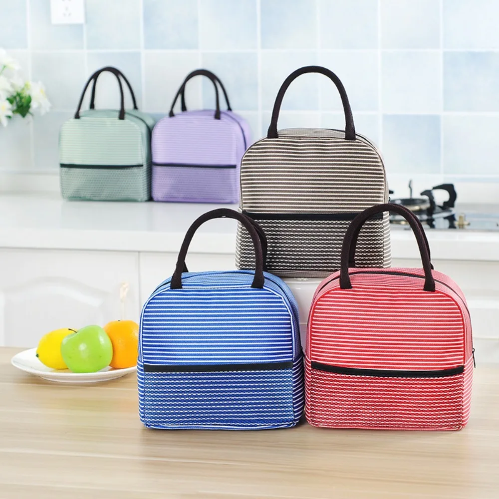 Multifunctional Aluminum Film Lining Striped Thermal Lunch Bag Zippered Insulated Picnic Bag Large Capacity Handbag Outddor