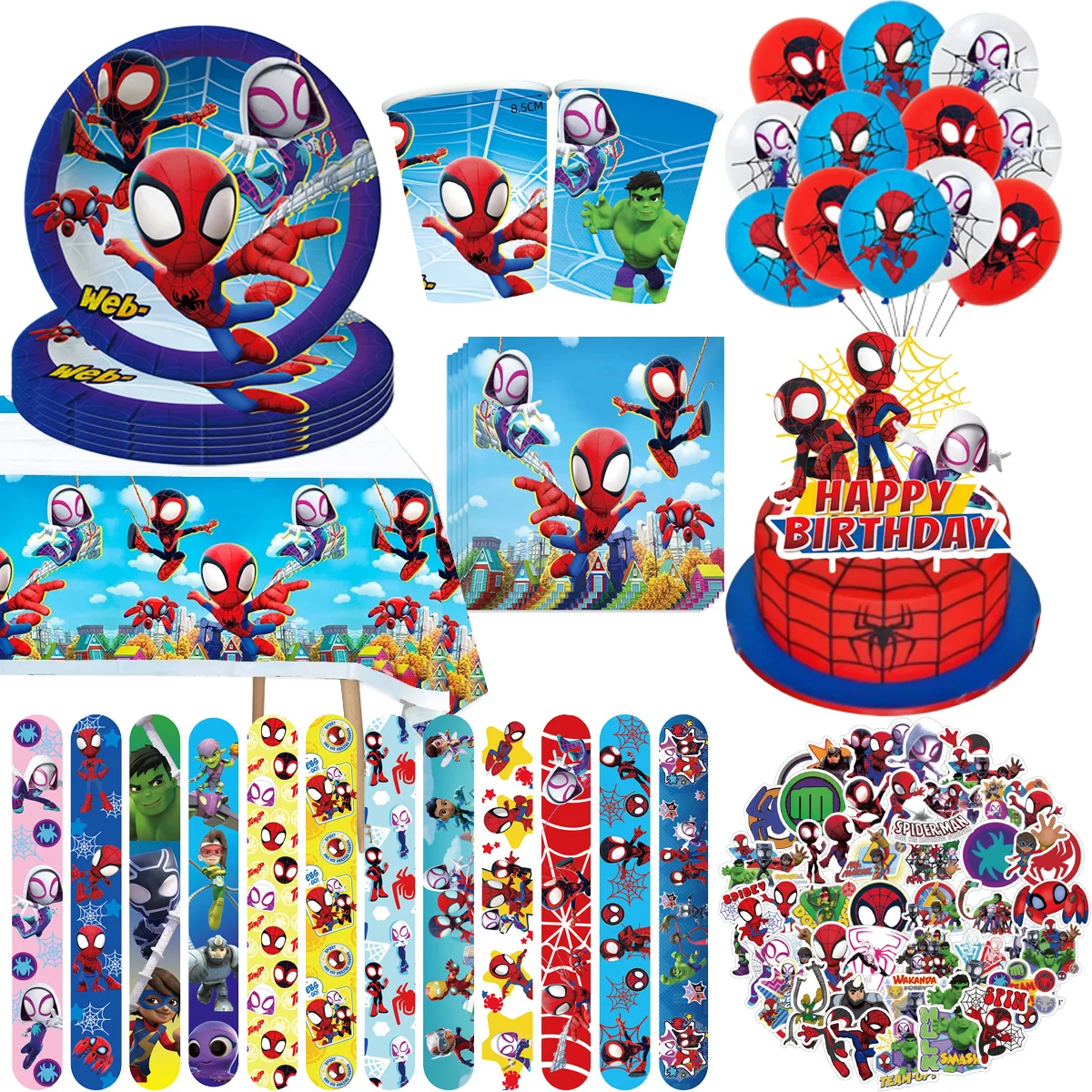 Spiderman Birthday Party Decorations Disposable Tableware Spidey Party Favor Gifts Bag Cake Topper Slap Bracelet Balloon Sticker