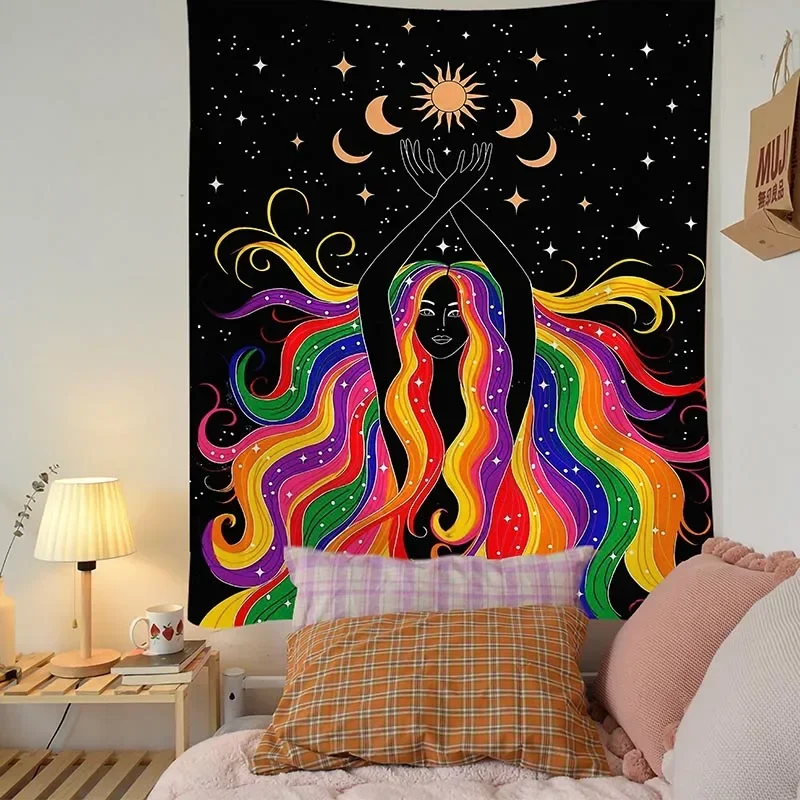 Moon Phase Girl Tapestry Indian Mandala Wall Hanging Boho Decor Macrame Hippie Witchcraft Tapiz Wall Decoration Decoration Mural