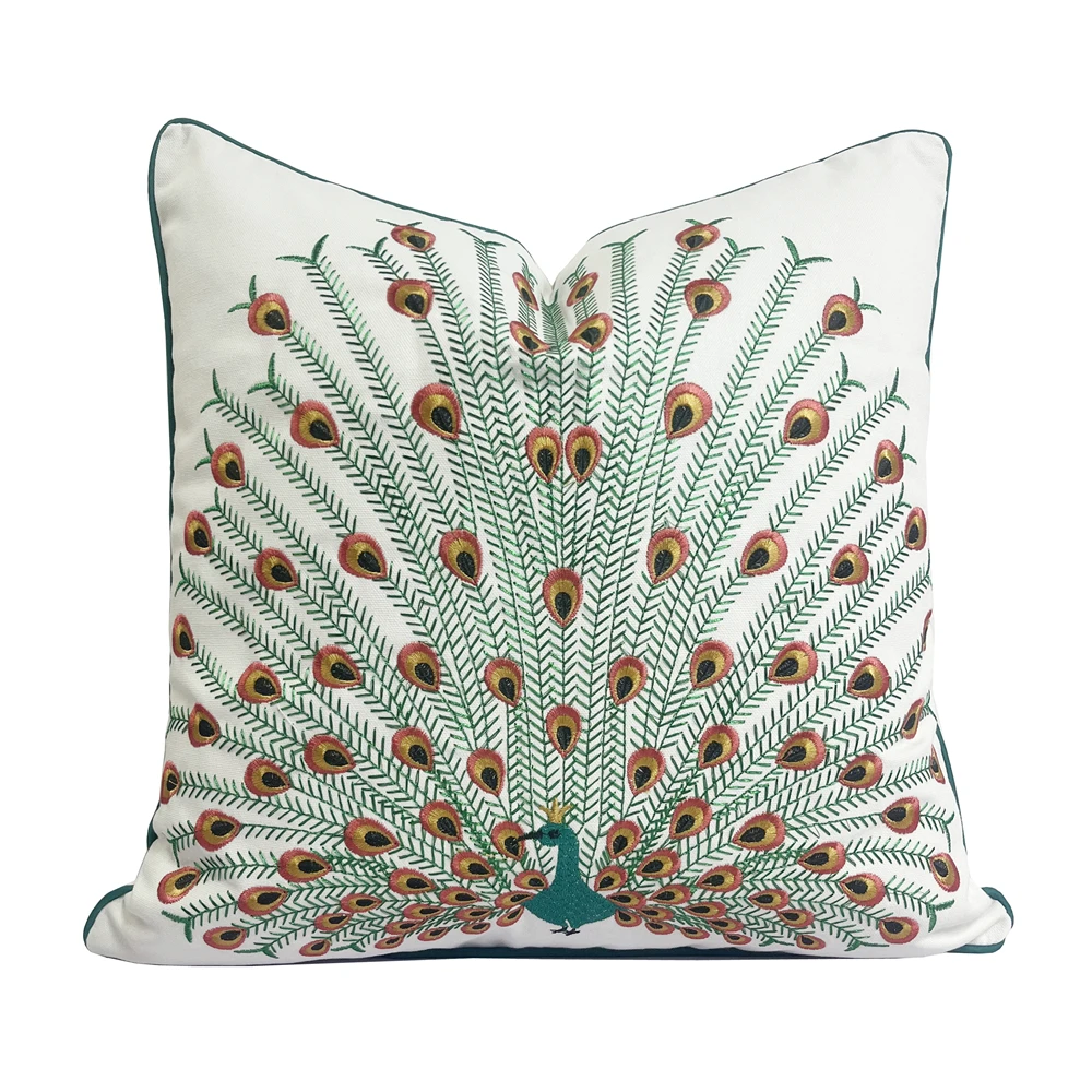 Deluxe Embroidered Peacock Birds White Canvas Home Square Decorative Pillow Case 18x18