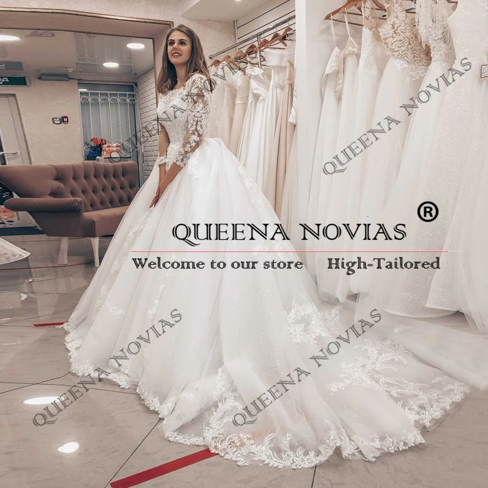 

Luxury Ball Gown Wedding Dresses For Bride Scoop Neck Lace Appliques Long Sleeves Bridal Gowns Customized Women Party Clothing