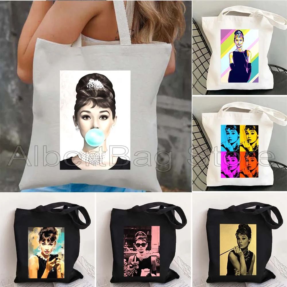 Retro Vintage Audrey Hepburn Pop Art Women Canvas Shoulder Tote Bag Harajuku Handbag Shopper Reusable Foldable Shopping Bags