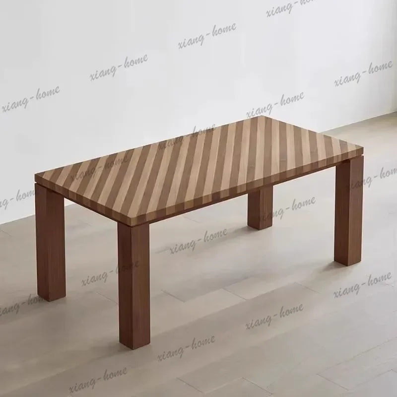 Retro Check Pattern Solid Wood Dining Table, Hotel Art Rectangular Wooden Table, Mid-century Simple Home Long Table
