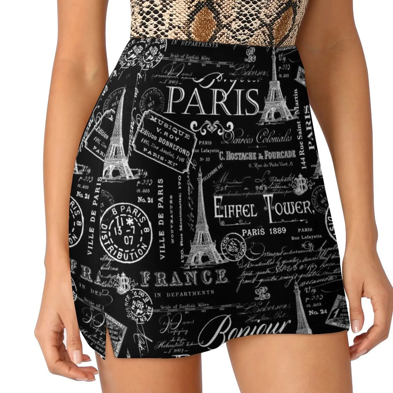 Vintage Paris French Lifestyle With Eiffel Tower Black And White Allover Pattern Mini Skirt sexy skirt Clothing female