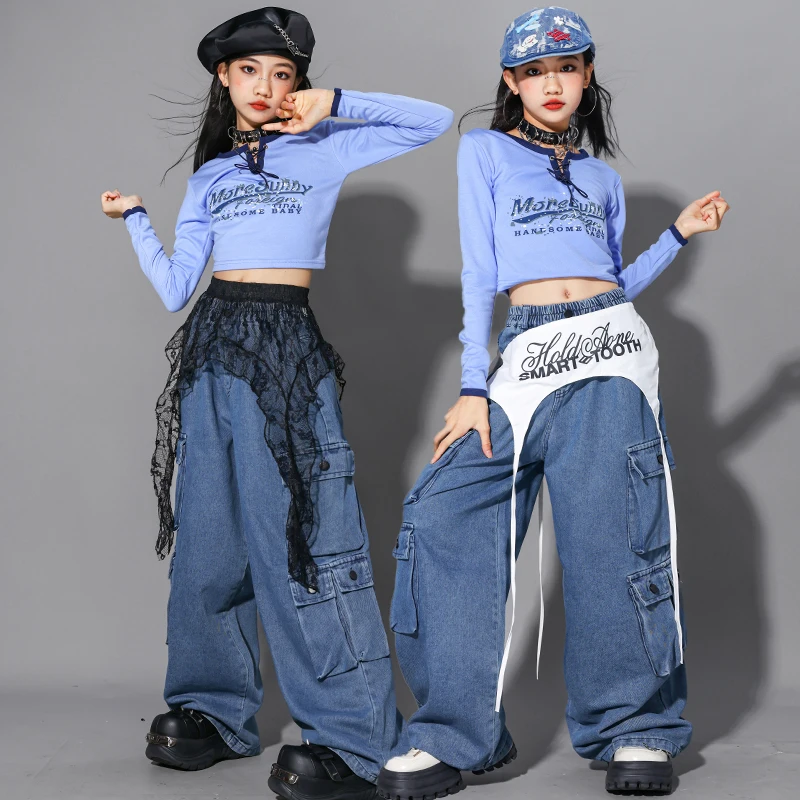 Ropa de baile de Jazz azul para niñas, Top corto, pantalones vaqueros de Hip Hop, traje para actuación en escenario Kpop, ropa de baile callejero para niños 2917