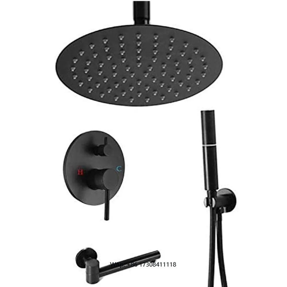 10-Inch round rain shower head bathroom faucet system with 2-function handheld and folding tub spout