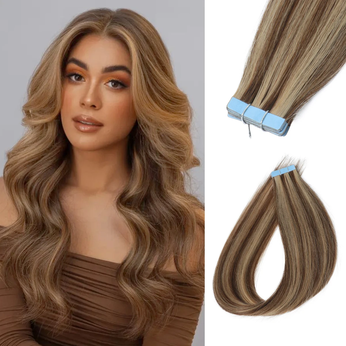 

#P4-27 Dark Brown & Light Brown 4x0.8cm HAIR Tape in Hair Extensions Human Hair Natural Real Skin Weft Adhesive Tape Ins 20pcs