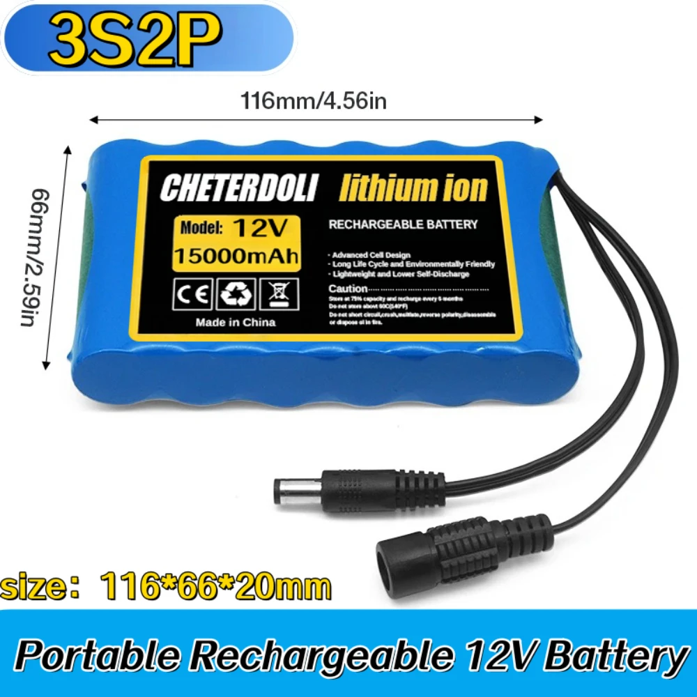 

NEW Portable 3S2P 12V 15000mAh Rechargeable 18650 Lithium-ion Battery Pack with DC 12V 1A Charger for CCTV Audio Amplifier.