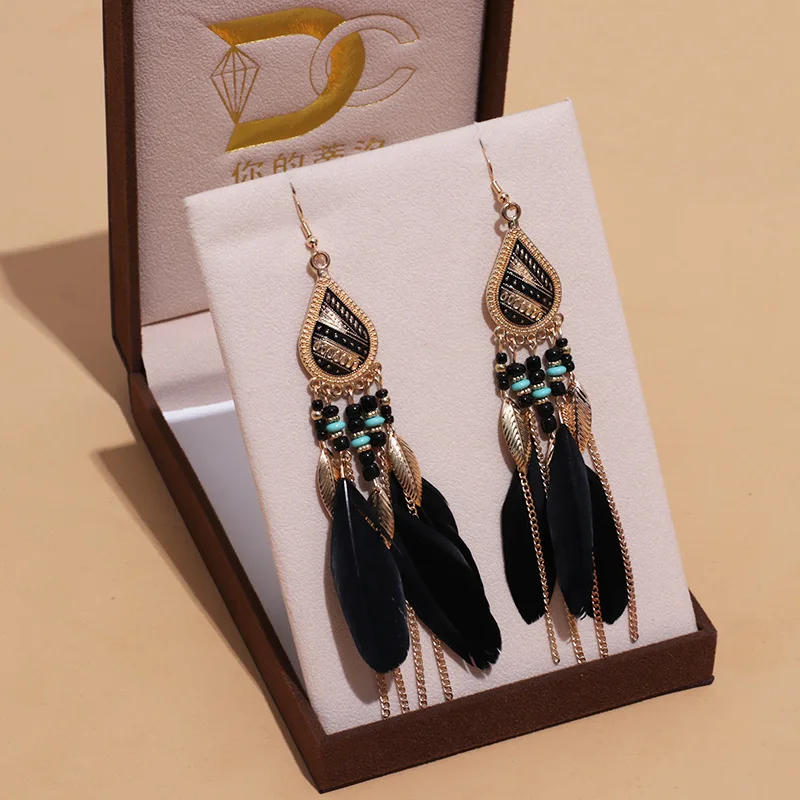 Bohemian Ethnische Lange Feder Ohrringe Boho Wasser Tropfen Gold Farbe Kette Quaste Ohrringe für Frauen Braut Hochzeit Schmuck – Detail 10