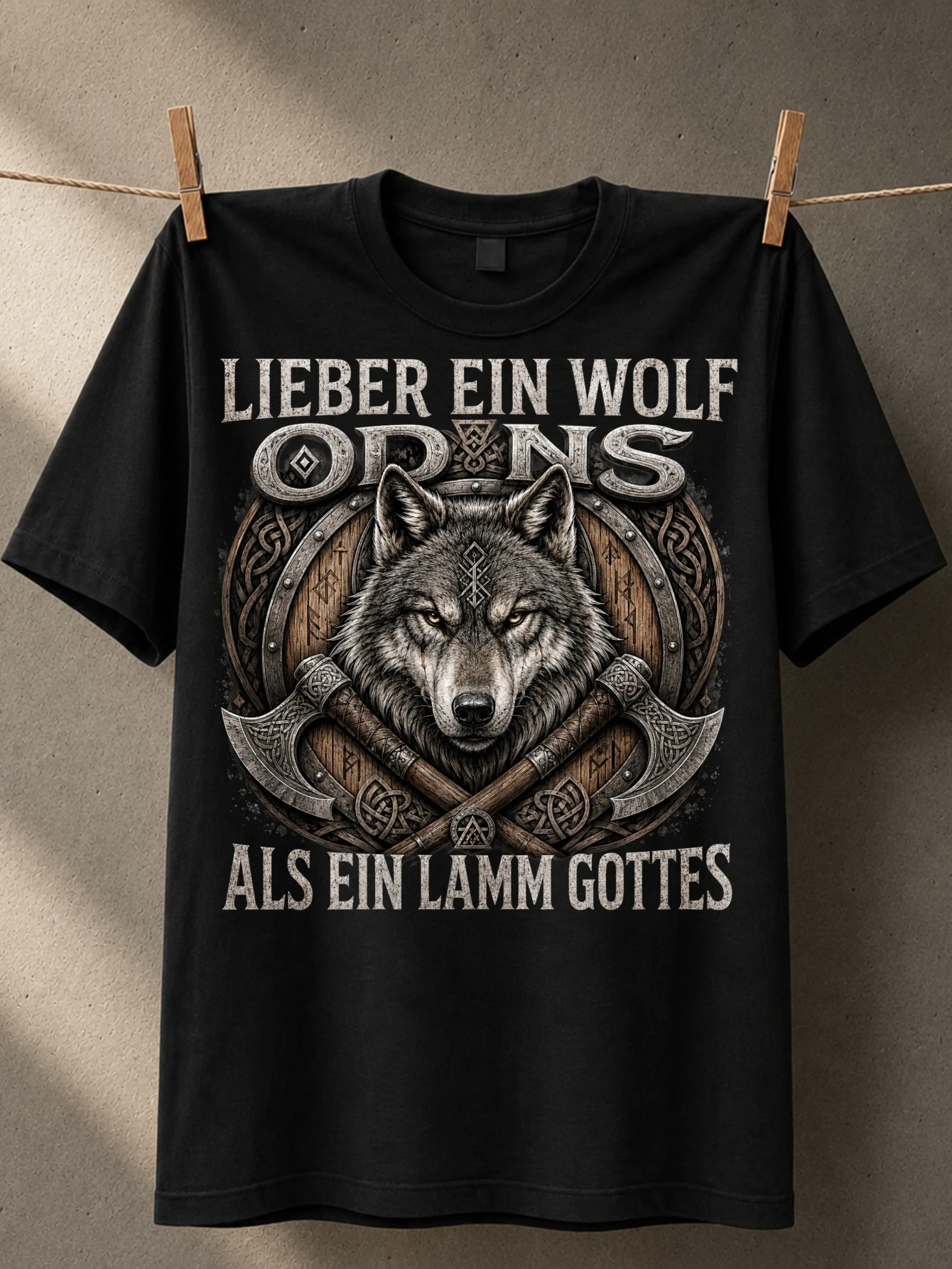 LIEBER EIN WOLF ODINS ALS EIN LAMM GOTTES wolf head with axes wooden knotwork and runic metal  Unisex All T-Shirt