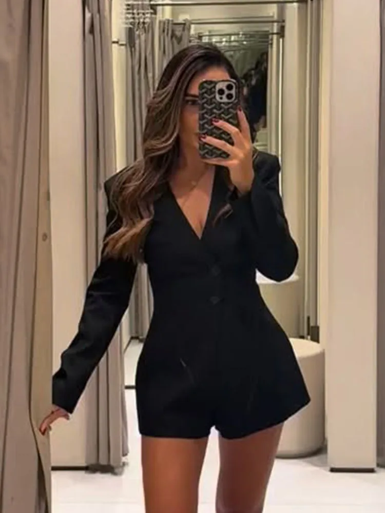 

HH Woman Casual Short Blazer Jumpsuit Women Sexy V-Neck Long Sleeves Pocket Buttons Decoration Solid Fashion Street Jumpsuit