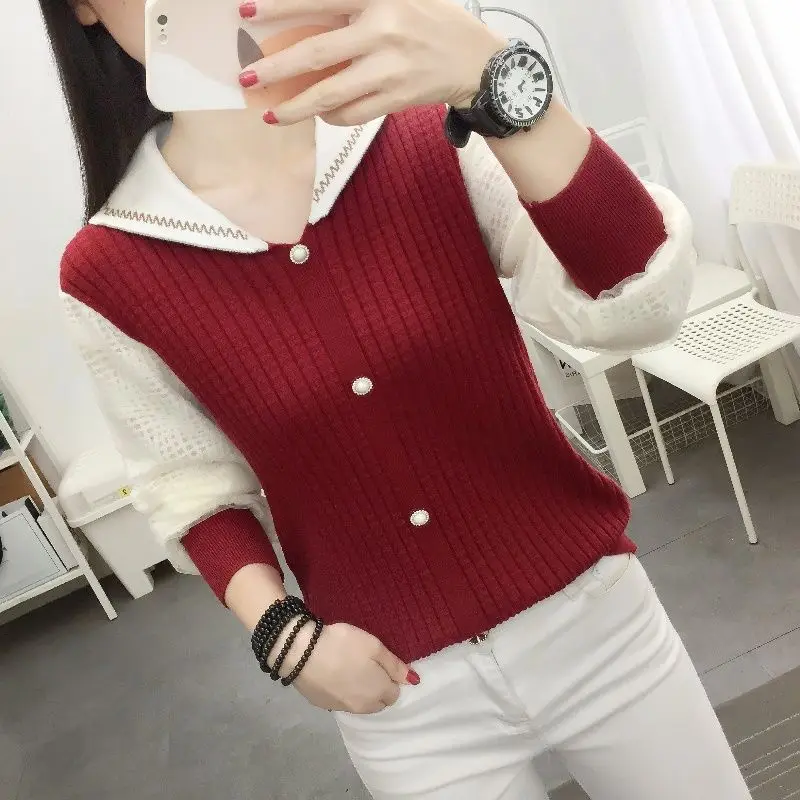 Maglione con Base in maglione lavorato a maglia con colletto del bambino, Top a maniche lunghe corto e Versatile da donna per capispalla