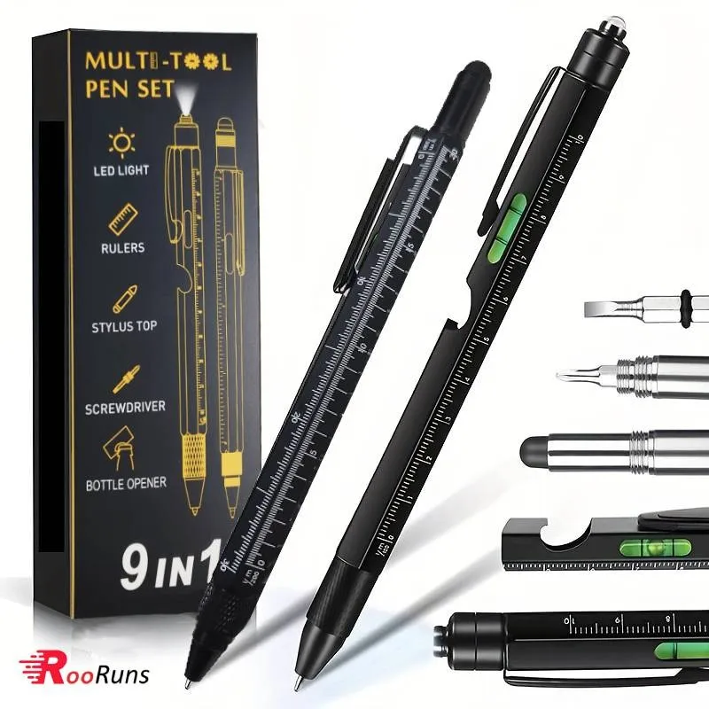 9 in 1 Multitool Pen Metal Ballpoint Pen LED Light Stylus Ruler Bubble Level Bottle Opener Screwdriver Multi-function Pocket Too