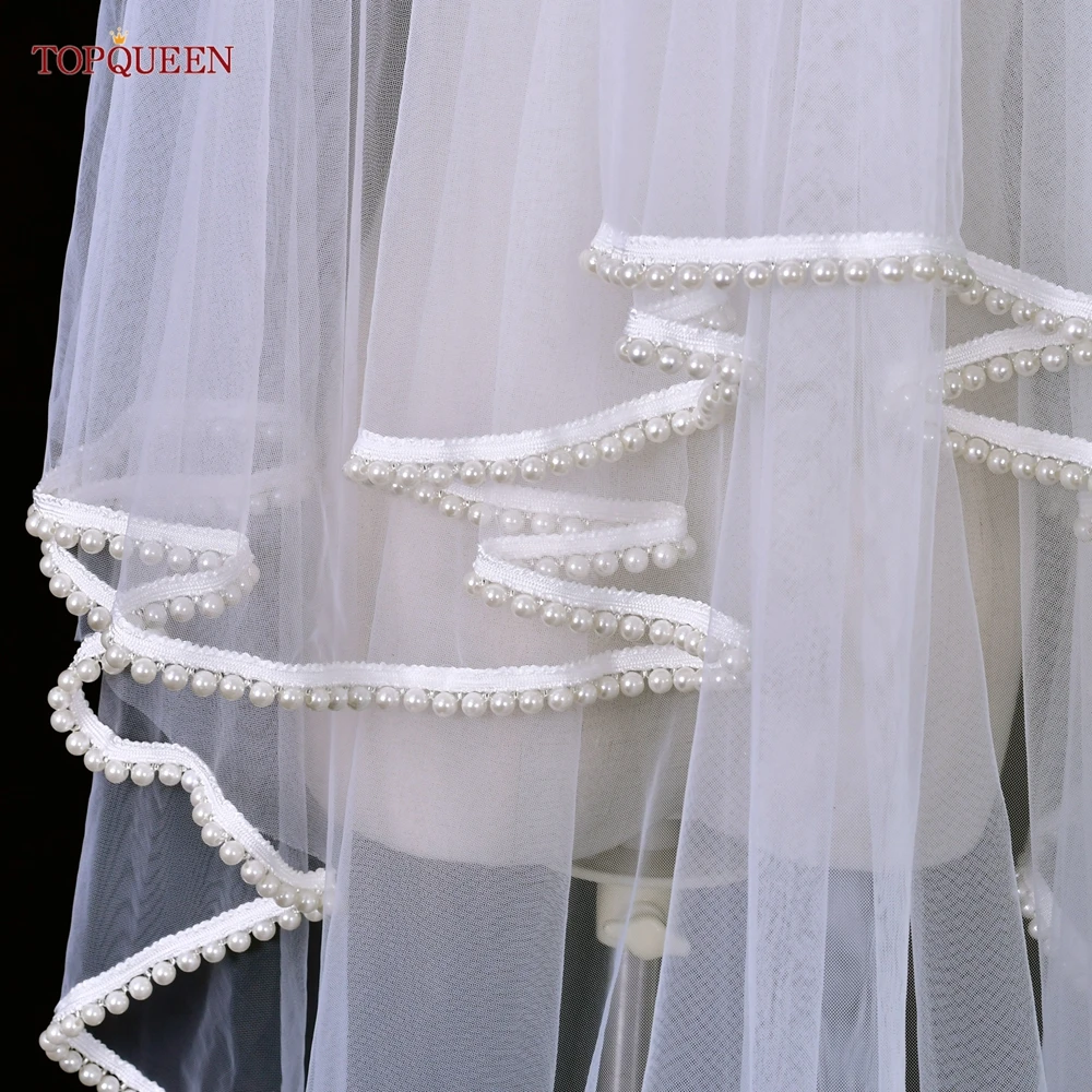 TOPQUEEN V124-velo de novia con Colorete, 2 capas de perlas, velos de boda con borde Veu de cuentas, accesorios para bodas y eventos de novia