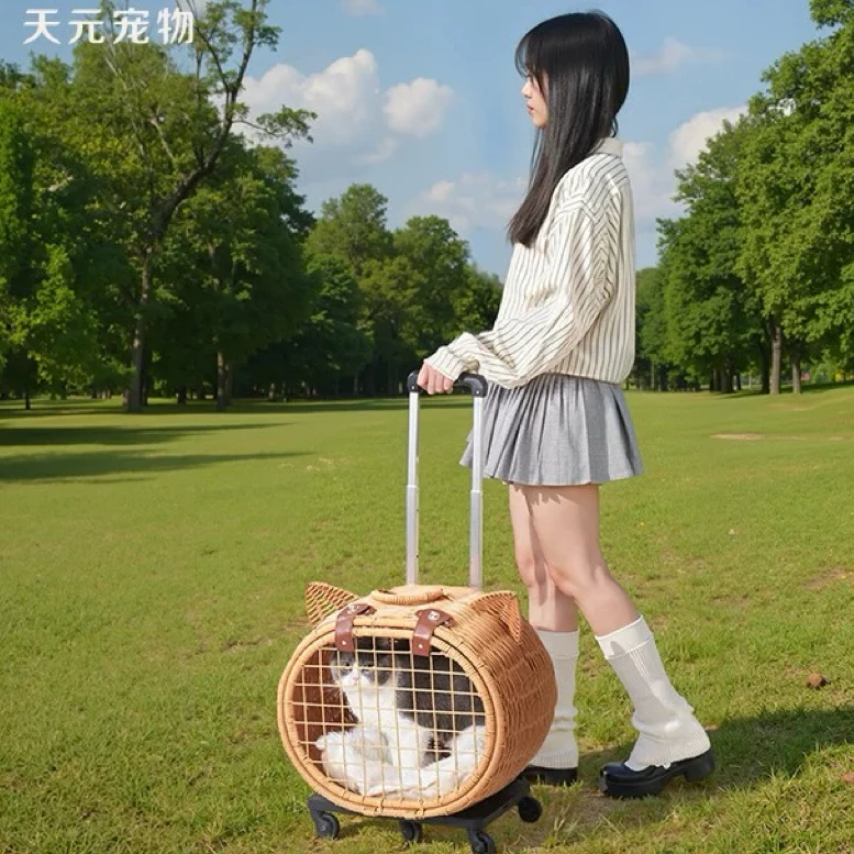 

Cat house trolley case, dog kennel security sleep pet house outdoor travel out rattan cage