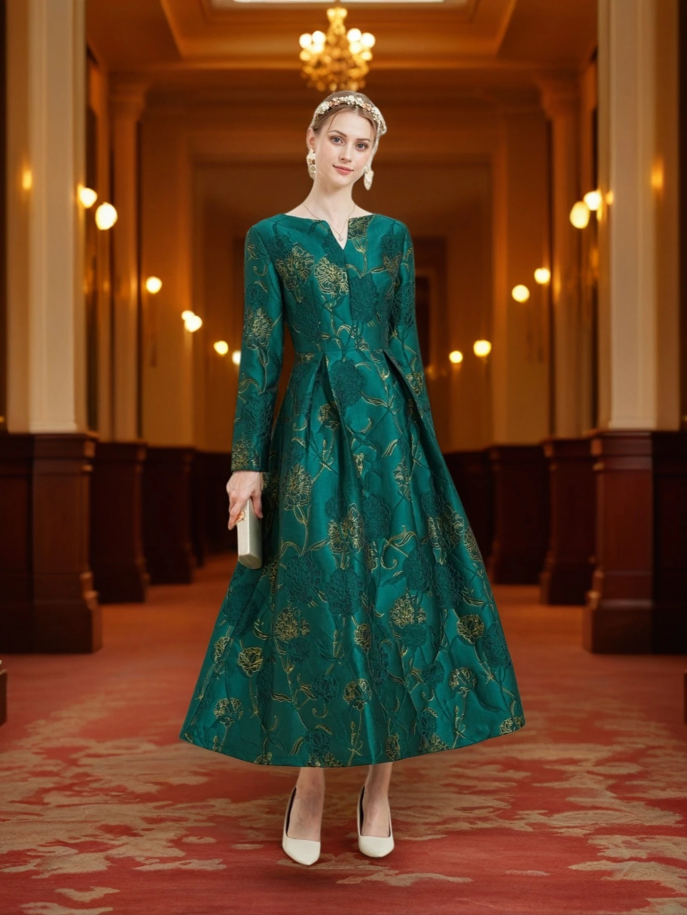 DEVCHATA Vintage mujer vestido Jacquard de manga larga Floral elegante vestido de fiesta para eventos de noche nueva llegada vestido de baile de moda