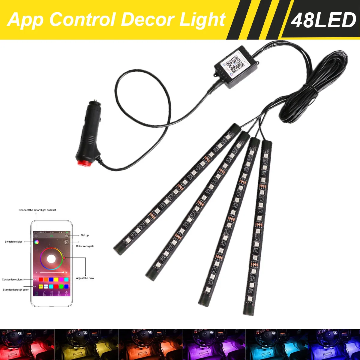 48 LED Interior Strip Light Car Foot Ambient Backlight RGB Auto Atmosphere Decorative Lamp Accessories By App Music Control 12V