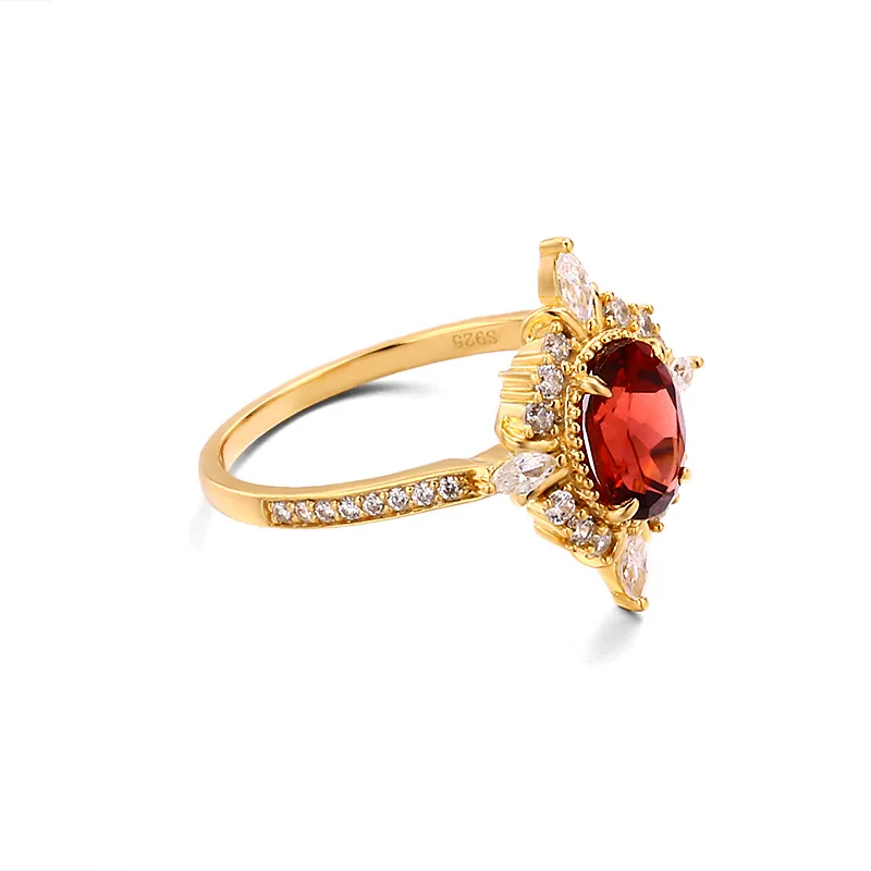 Cincin zirkonia Vintage Garnet wanita, perhiasan tangan geometris cincin kristal perak 925