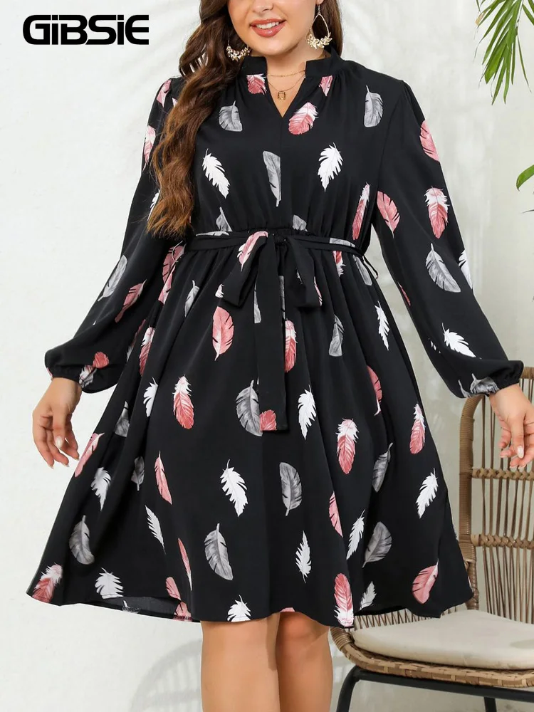 GIBSIE Plus Size Feather Print Casual Belted Dress Women Spring Fall Notch Neck Long Sleeve Korean Female Midi A-Line Dresses