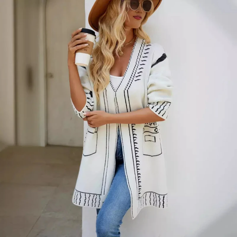 Long length sweater jacket jacquard versatile lazy style knitted loose new knitted cardigan for women