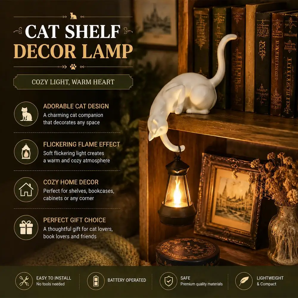 Cat Cat Shelf Decor Lamp Hanging Lantern Resin Statue Flickering Flame Bookshelf Desktop Vintage Night Light Home Ornament Gift - Aliexpress Deal