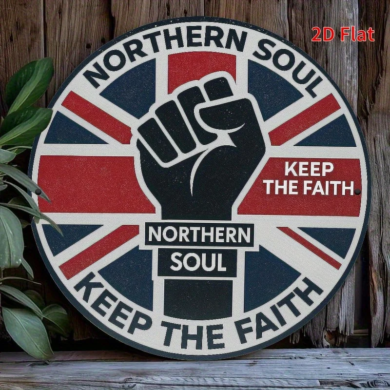 2D Flat, Northern Soul Inspired Metal Wall Art - 19.81cm Round Iron Sign with Inspirational Quote, Red, White & Blue Design for