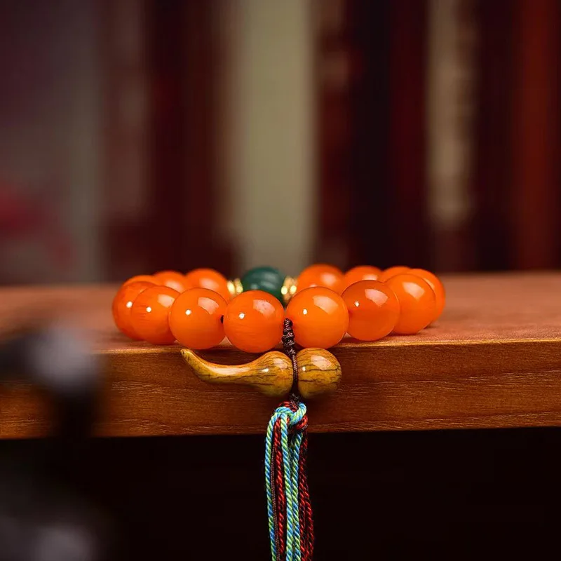 Natural golden mountain turtle bone with gourd beads and tassels, Tibetan-style vintage single-loop bracelet for men an