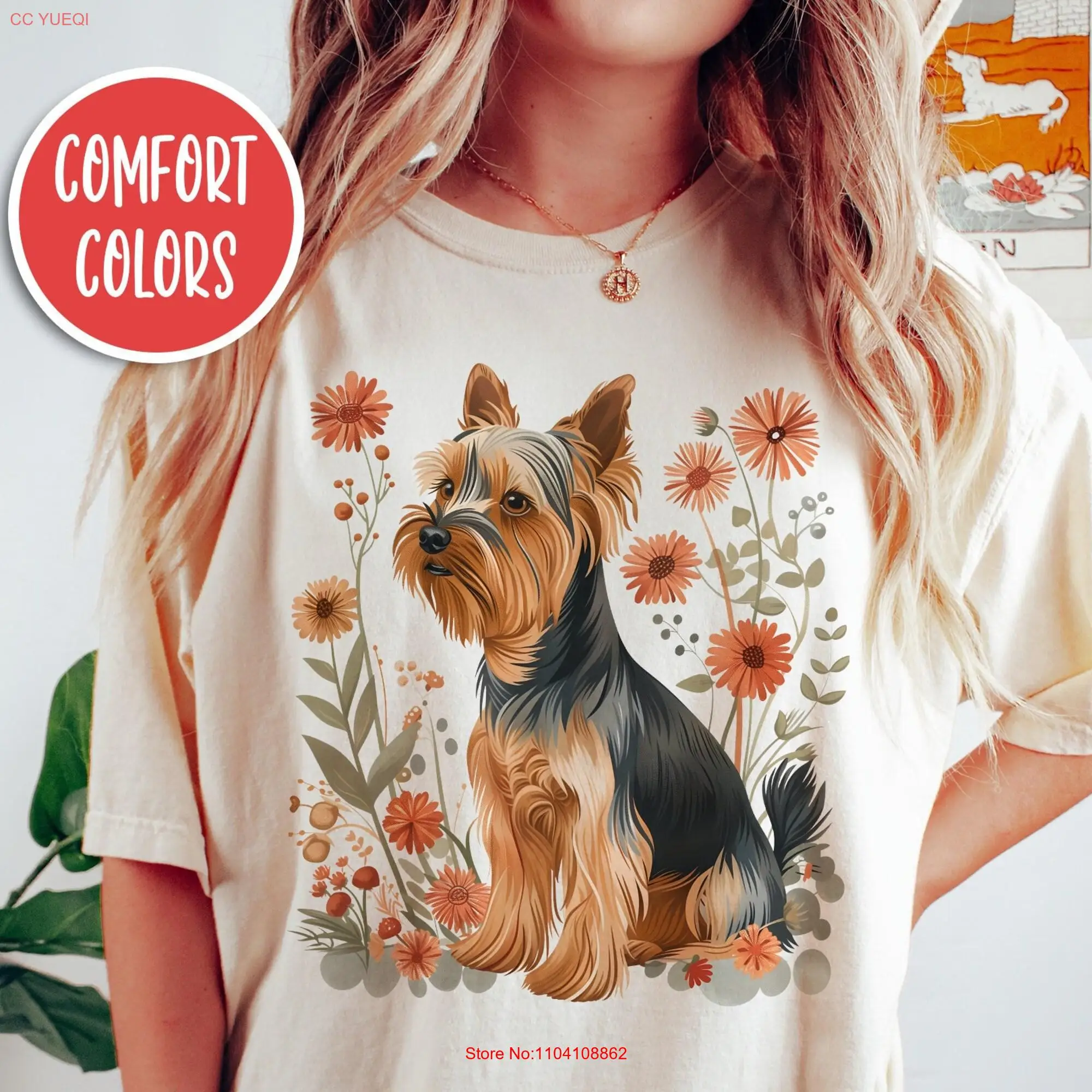 Yorkshire Terrier T Shirt Yorkie Floral Dog Lover Mama Cottage Core Clothes Botanical long or short sleeves